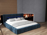 Pat dormitor dumonde, tapitat albastru cu LED si USB, Palermo 160x200 cm, somiera rabatabila inclusa, spatiu depozitare