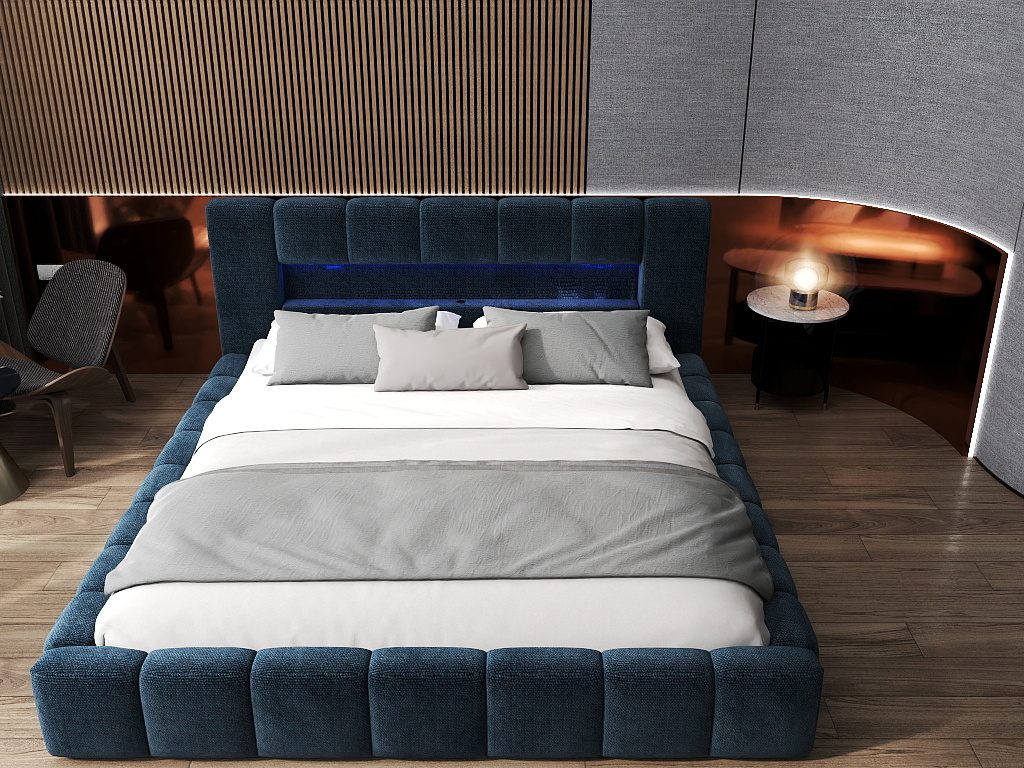 Pat dormitor dumonde, tapitat albastru cu LED si USB, Palermo 160x200 cm, somiera rabatabila inclusa, spatiu depozitare