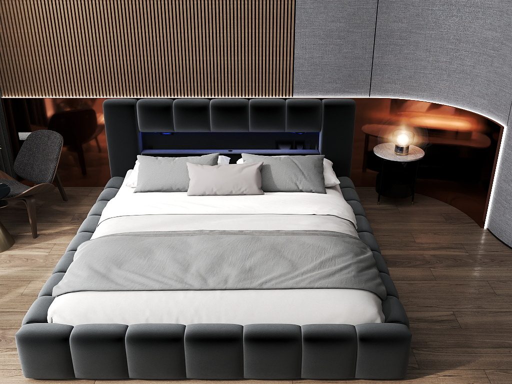 Pat dormitor dumonde, tapitat gri cu LED si USB, Palermo 180x200 cm, somiera rabatabila inclusa, spatiu depozitare