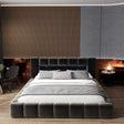 Pat dormitor dumonde, tapitat gri cu LED si USB, Palermo 180x200 cm, somiera rabatabila inclusa, spatiu depozitare