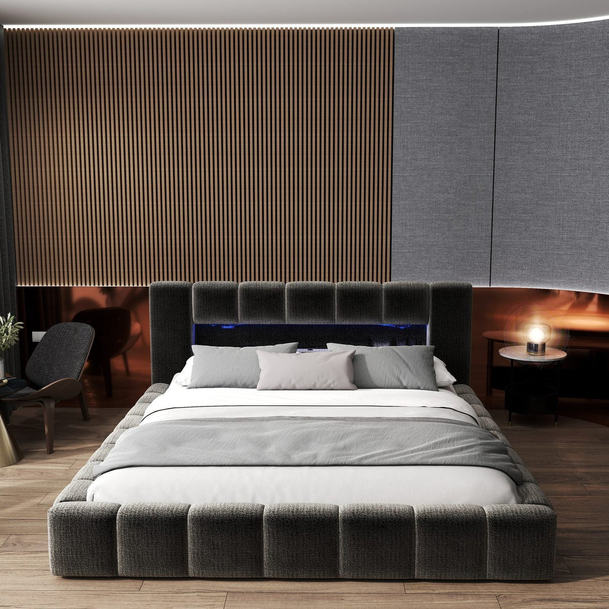 Pat dormitor dumonde, tapitat gri cu LED si USB, Palermo 180x200 cm, somiera rabatabila inclusa, spatiu depozitare