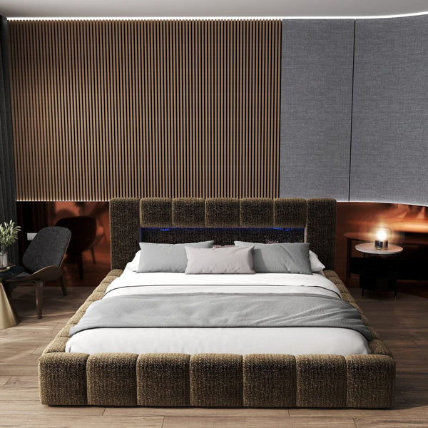 Pat dormitor dumonde, tapitat maro cu LED si USB, Palermo 180x200 cm, somiera rabatabila inclusa, spatiu depozitare