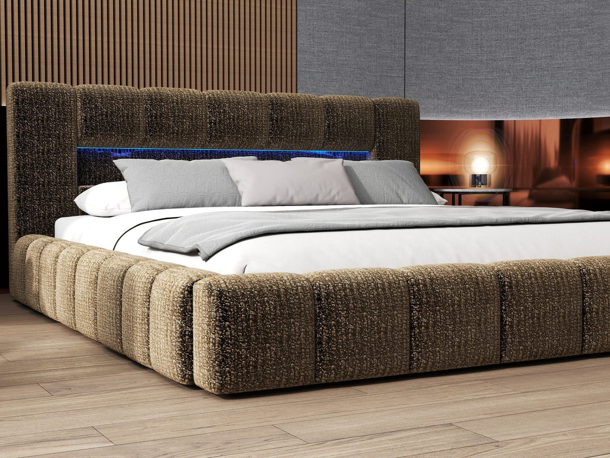 Set Pat dormitor dumonde, tapitat maro cu LED si USB, Palermo 180x200 cm, somiera rabatabila inclusa, spatiu depozitare + saltea