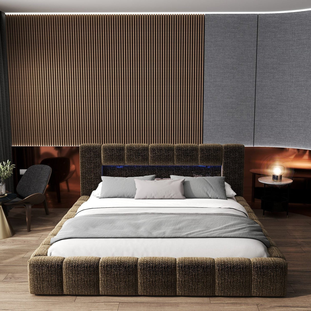 Set Pat dormitor dumonde, tapitat maro cu LED si USB, Palermo 180x200 cm, somiera rabatabila inclusa, spatiu depozitare + saltea