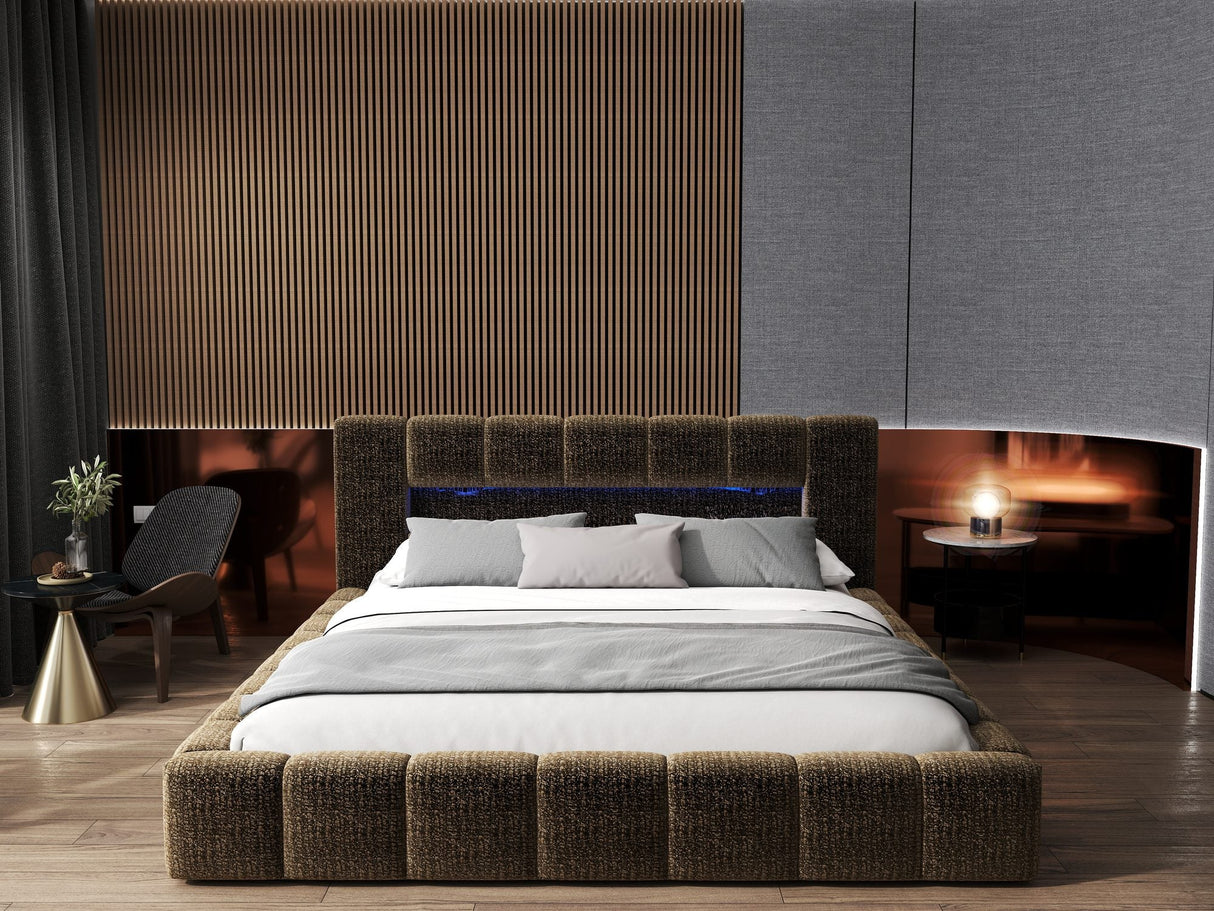 Pat dormitor dumonde, tapitat maro cu LED si USB, Palermo 180x200 cm, somiera rabatabila inclusa, spatiu depozitare