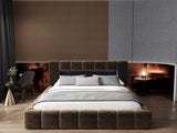 Pat dormitor dumonde, tapitat maro cu LED si USB, Palermo 180x200 cm, somiera rabatabila inclusa, spatiu depozitare
