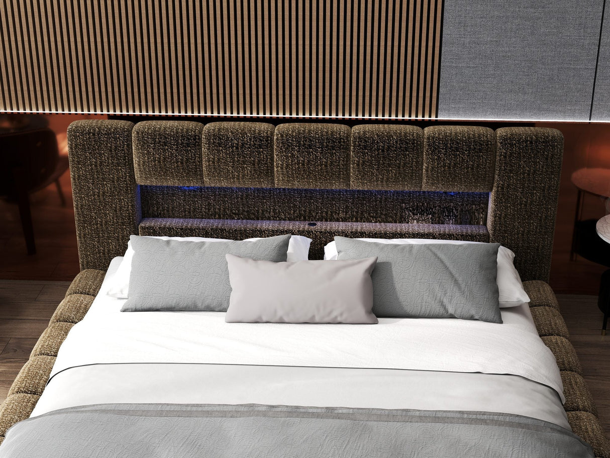 Set Pat dormitor dumonde, tapitat maro cu LED si USB, Palermo 180x200 cm, somiera rabatabila inclusa, spatiu depozitare + saltea
