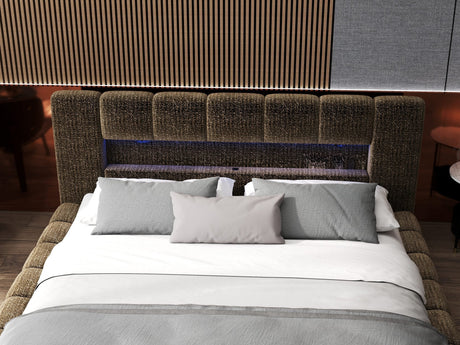 Set Pat dormitor dumonde, tapitat maro cu LED si USB, Palermo 180x200 cm, somiera rabatabila inclusa, spatiu depozitare + saltea