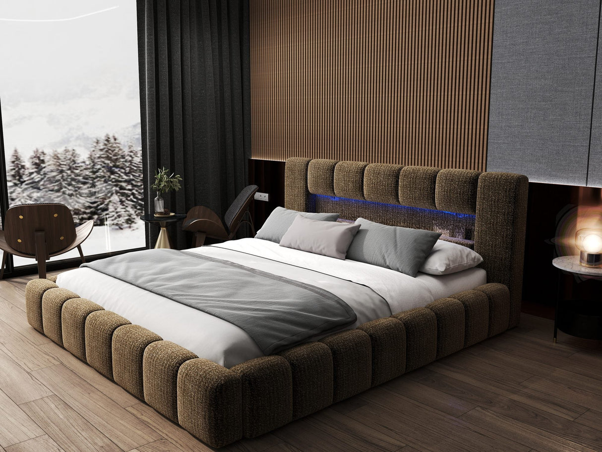 Pat dormitor dumonde, tapitat maro cu LED si USB, Palermo 180x200 cm, somiera rabatabila inclusa, spatiu depozitare