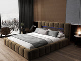 Pat dormitor dumonde, tapitat maro cu LED si USB, Palermo 180x200 cm, somiera rabatabila inclusa, spatiu depozitare