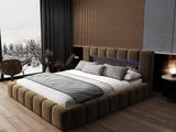 Set Pat dormitor dumonde, tapitat maro cu LED si USB, Palermo 180x200 cm, somiera rabatabila inclusa, spatiu depozitare + saltea