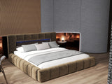 Set Pat dormitor dumonde, tapitat maro cu LED si USB, Palermo 180x200 cm, somiera rabatabila inclusa, spatiu depozitare + saltea