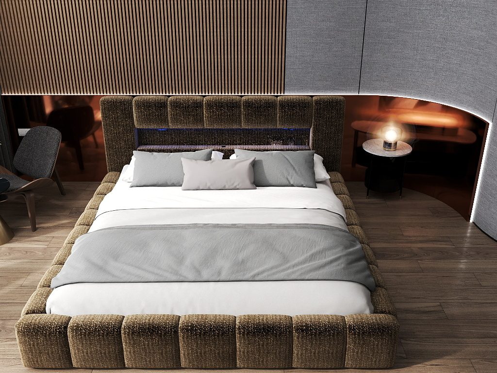 Set Pat dormitor dumonde, tapitat maro cu LED si USB, Palermo 180x200 cm, somiera rabatabila inclusa, spatiu depozitare + saltea
