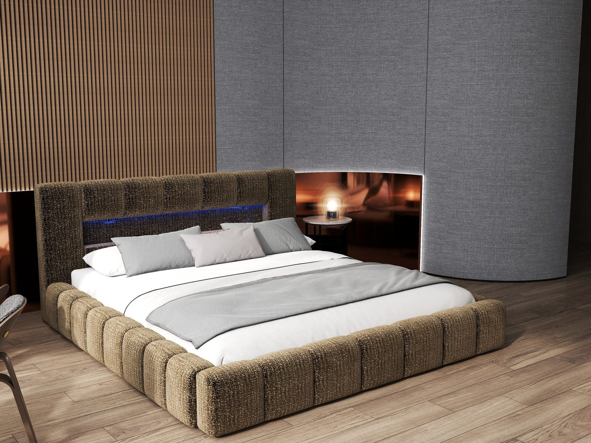 Set Pat dormitor dumonde, tapitat maro cu LED si USB, Palermo 180x200 cm, somiera rabatabila inclusa, spatiu depozitare + saltea