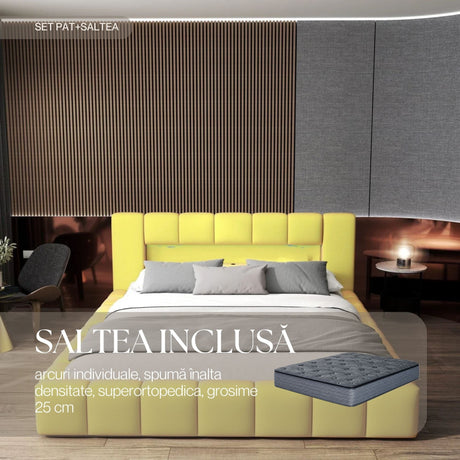 Set Pat dormitor dumonde, tapitat galben cu LED si USB, Palermo 140x200 cm, somiera rabatabila inclusa, spatiu depozitare + saltea