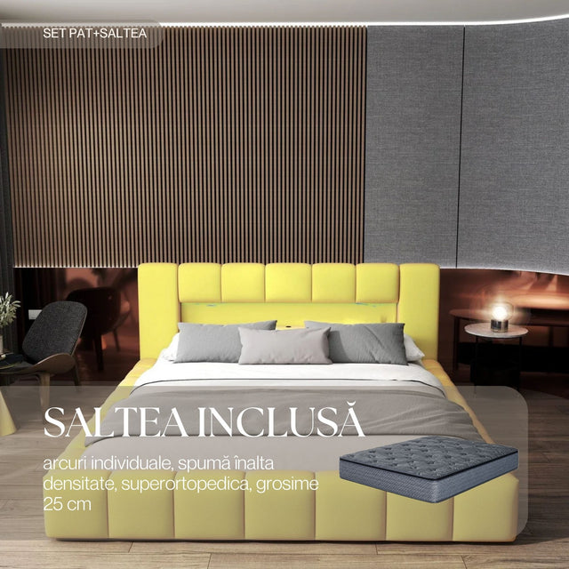 Set Pat dormitor dumonde, tapitat galben cu LED si USB, Palermo 160x200 cm, somiera rabatabila inclusa, spatiu depozitare + saltea