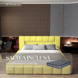 Set Pat dormitor dumonde, tapitat galben cu LED si USB, Palermo 180x200 cm, somiera rabatabila inclusa, spatiu depozitare + saltea