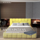 Set Pat dormitor dumonde, tapitat galben cu LED si USB, Palermo 180x200 cm, somiera rabatabila inclusa, spatiu depozitare + saltea