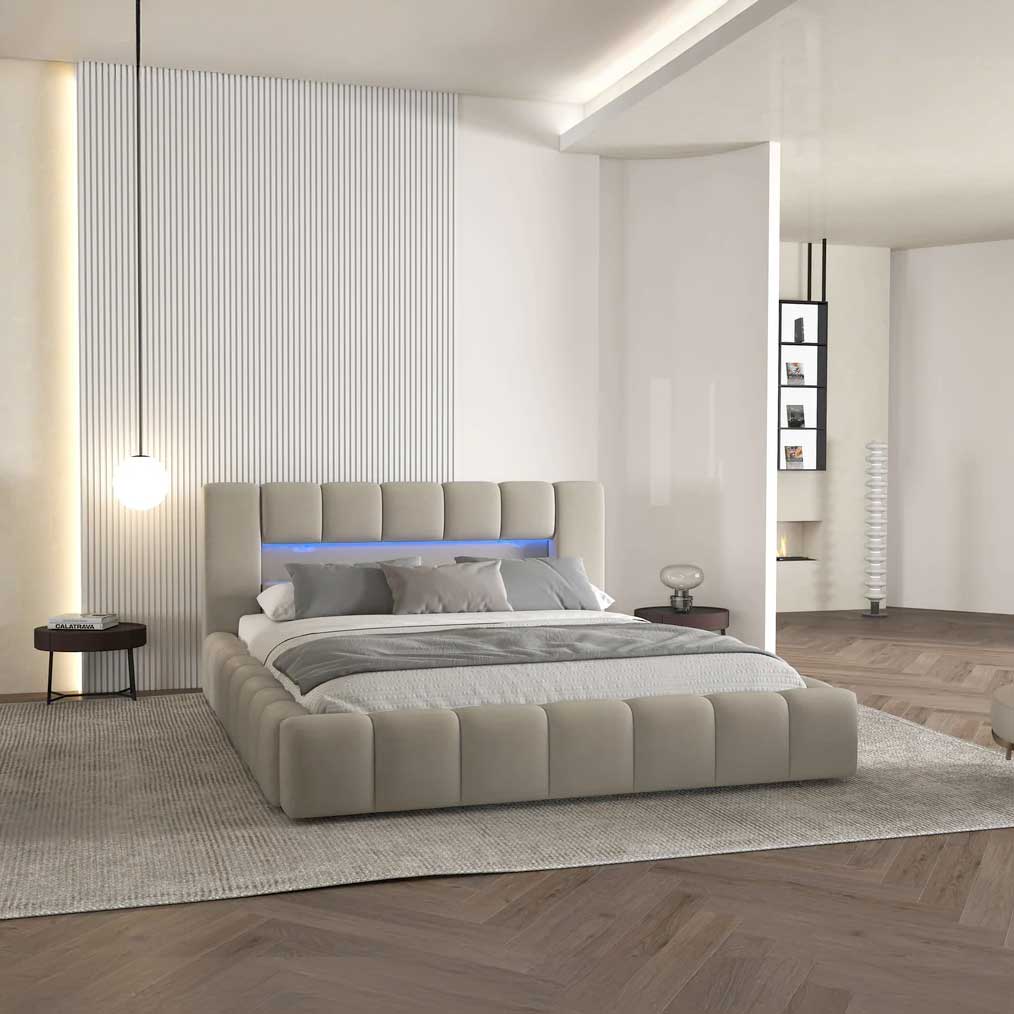 Set Pat dormitor dumonde, tapitat bej cu LED si USB, Palermo 180x200 cm, somiera rabatabila inclusa, spatiu depozitare + saltea
