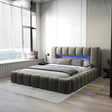 Pat dormitor dumonde, tapitat bej cu LED si USB, Palermo 160x200 cm, somiera rabatabila inclusa, spatiu depozitare WLS