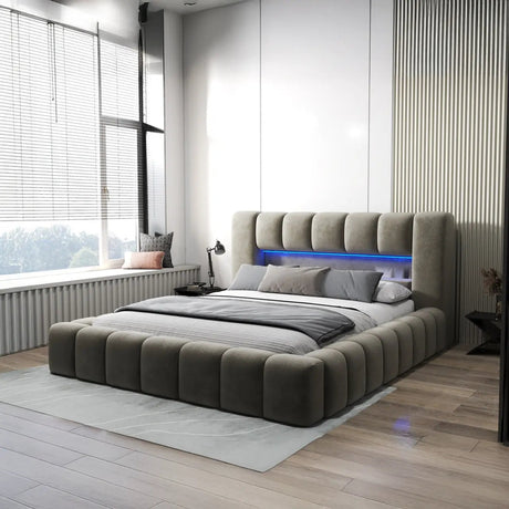 Pat dormitor dumonde, tapitat bej cu LED si USB, Palermo 160x200 cm, somiera rabatabila inclusa, spatiu depozitare WLS