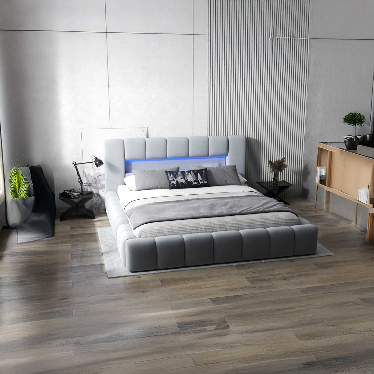 Pat dormitor dumonde, tapitat gri cu LED si USB, Palermo 140x200 cm, somiera rabatabila inclusa, spatiu depozitare