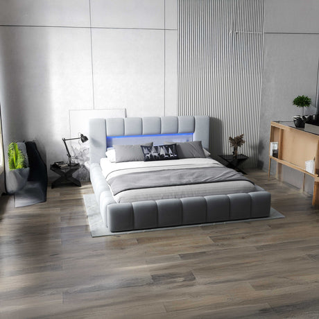 Pat dormitor dumonde, tapitat gri cu LED si USB, Palermo 140x200 cm, somiera rabatabila inclusa, spatiu depozitare