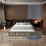 Set Pat dormitor dumonde, tapitat maro cu LED si USB, Palermo 180x200 cm, somiera rabatabila inclusa, spatiu depozitare + saltea
