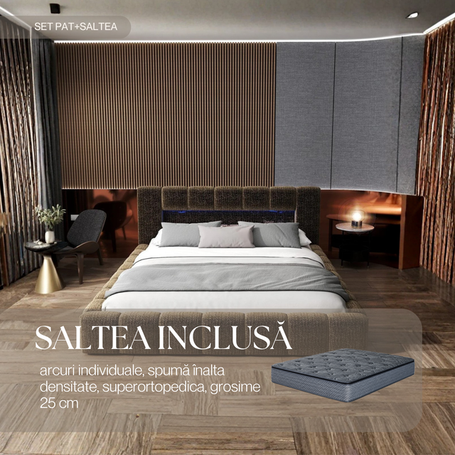 Set Pat dormitor dumonde, tapitat maro cu LED si USB, Palermo 180x200 cm, somiera rabatabila inclusa, spatiu depozitare + saltea