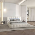 Pat dormitor dumonde, tapitat alb cu LED si USB, Palermo 180x200 cm, somiera rabatabila inclusa, spatiu depozitare