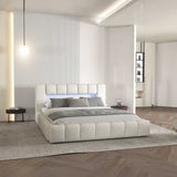 Pat dormitor dumonde, tapitat alb cu LED si USB, Palermo 180x200 cm, somiera rabatabila inclusa, spatiu depozitare