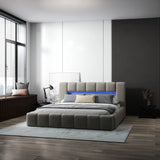 Pat dormitor dumonde, tapitat bej cu LED si USB, Palermo 140x200 cm, somiera rabatabila inclusa, spatiu depozitare WLS