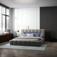 Pat dormitor dumonde, tapitat bej cu LED si USB, Palermo 140x200 cm, somiera rabatabila inclusa, spatiu depozitare WLS