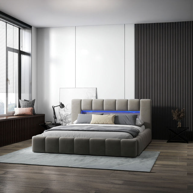 Pat dormitor dumonde, tapitat bej cu LED si USB, Palermo 140x200 cm, somiera rabatabila inclusa, spatiu depozitare WLS