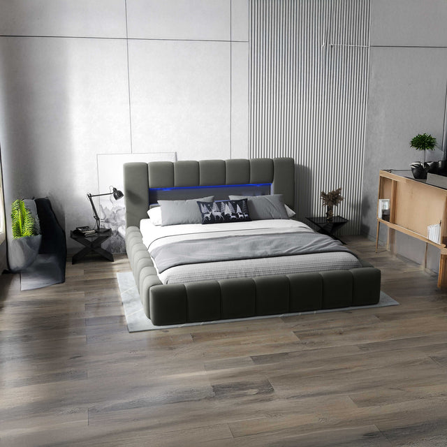 Pat dormitor dumonde, tapitat gri cu LED si USB, Palermo 160x200 cm, somiera rabatabila inclusa, spatiu depozitare WLS