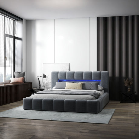 Pat dormitor dumonde, tapitat gri cu LED si USB, Palermo 140x200 cm, somiera rabatabila inclusa, spatiu depozitare WLS