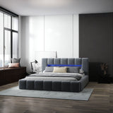 Pat dormitor dumonde, tapitat gri cu LED si USB, Palermo 160x200 cm, somiera rabatabila inclusa, spatiu depozitare (Copy) WLS