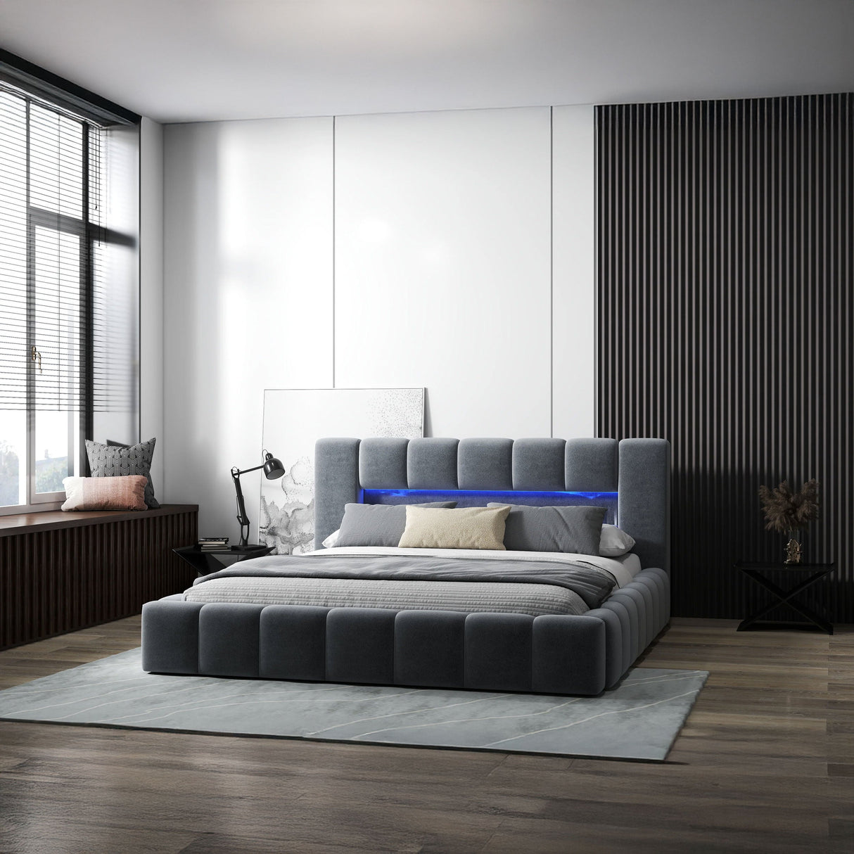 Pat dormitor dumonde, tapitat gri cu LED si USB, Palermo 180x200 cm, somiera rabatabila inclusa, spatiu depozitare WLS