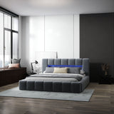 Pat dormitor dumonde, tapitat gri cu LED si USB, Palermo 180x200 cm, somiera rabatabila inclusa, spatiu depozitare WLS