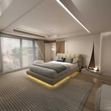 Pat dormitor dumonde, tapitat bej cu LED, "floating bed" Cloud 160x200 cm, somiera inclusa WLS