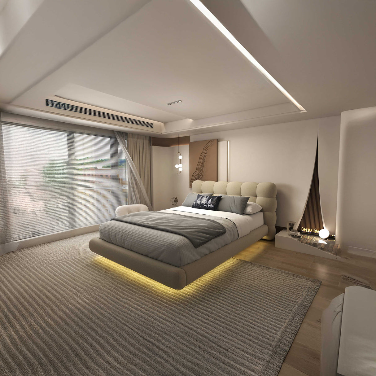 Set Pat dormitor dumonde, tapitat bej cu LED, "floating bed" Cloud 160x200 cm, somiera inclusa + saltea