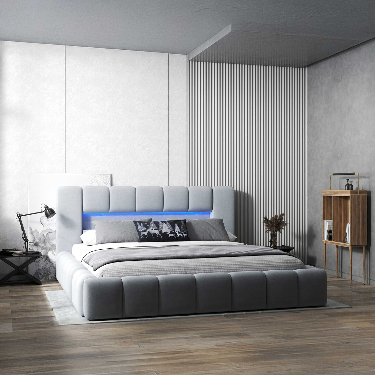 Pat dormitor dumonde, tapitat gri cu LED si USB, Palermo 180x200 cm, somiera rabatabila inclusa, spatiu depozitare