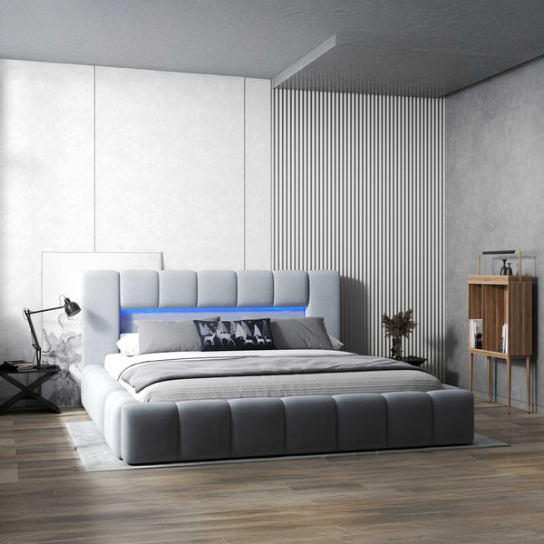 Pat dormitor dumonde, tapitat gri cu LED si USB, Palermo 180x200 cm, somiera rabatabila inclusa, spatiu depozitare