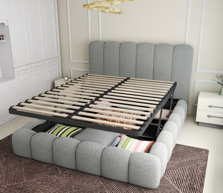 Set Pat dormitor dumonde, tapitat grey, Royal 160x200 cm, somiera rabatabila electric, spatiu depozitare + saltea
