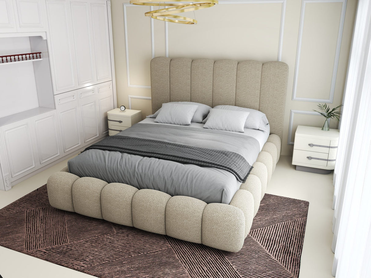 Pat dormitor dumonde, tapitat beige, Royal 180x200 cm, somiera rabatabila electric, spatiu depozitare