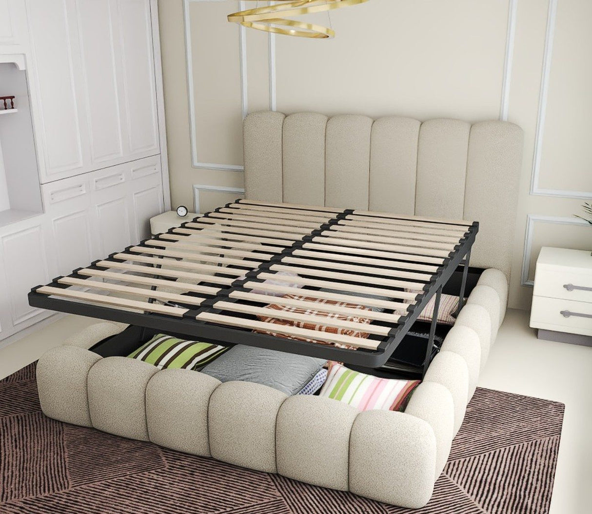 Pat dormitor dumonde, tapitat beige, Royal 180x200 cm, somiera rabatabila electric, spatiu depozitare