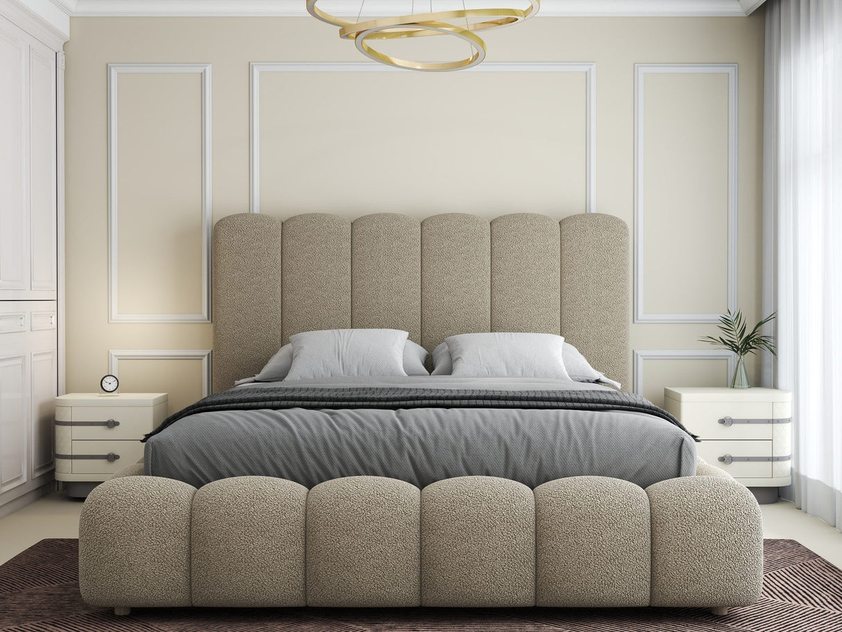 Pat dormitor dumonde, tapitat beige, Royal 180x200 cm, somiera rabatabila electric, spatiu depozitare