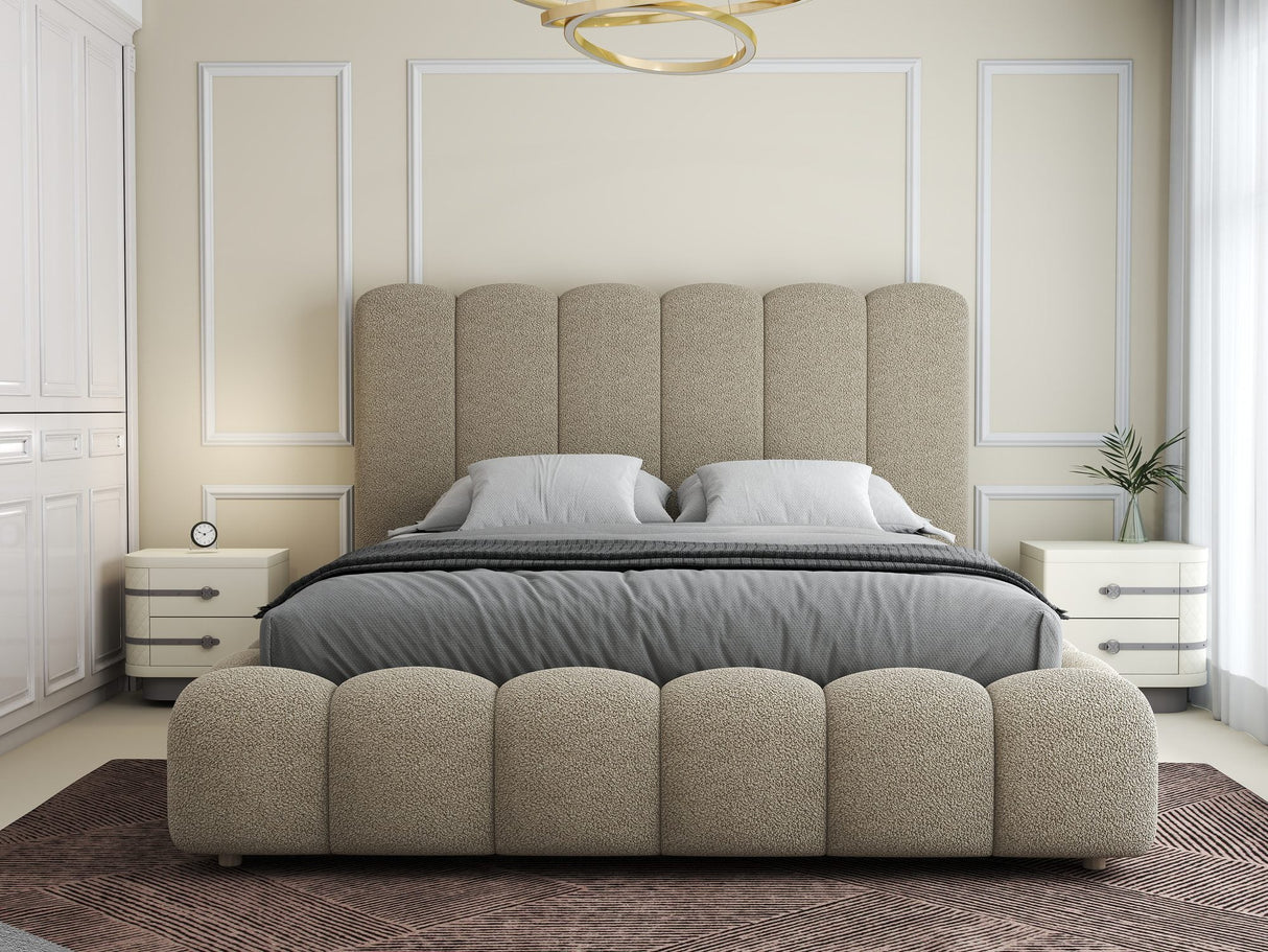 Pat dormitor dumonde, tapitat beige, Royal 180x200 cm, somiera rabatabila electric, spatiu depozitare