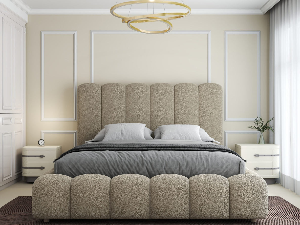 Pat dormitor dumonde, tapitat beige, Royal 180x200 cm, somiera rabatabila electric, spatiu depozitare