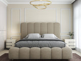 Pat dormitor dumonde, tapitat beige, Royal 180x200 cm, somiera rabatabila electric, spatiu depozitare